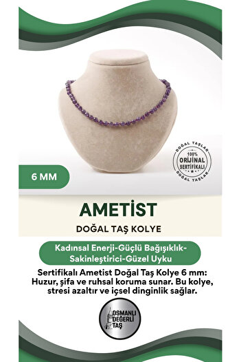 OSMANLI DEĞERLİ TAŞ Sertifikalı Ametist Doğaltaş Kolye 6 mm M556