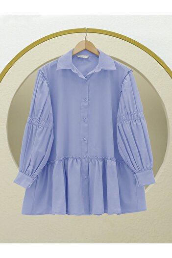 Modamorfo Sleeve Gathered Ruffle Detailed Shirt -Blue