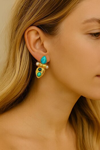New Obsessions Turquoise Stone Gold Ethnic Look Earrings