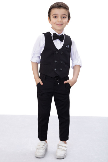 Cansın Mini Black Buttoned Vest and Bow Tie Shirt Boy's 4-Piece Suit 20542