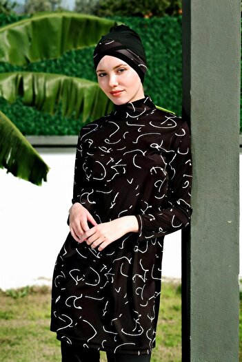 Mayom Line Patterned Full Size Lycra Digital Hijab Swimsuit-2411