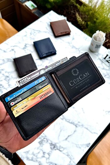 CüzCan Siyah Kelebek Model Hakiki Deri Erkek Isme Özel Baskılı Cüzdan