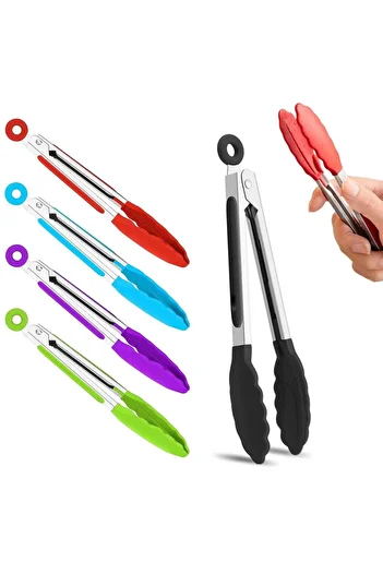elfnur Metal Handle Silicone Tongs with Locking System