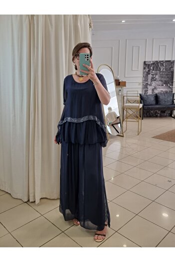 pudubutik Sequined Silk Trousers Navy Blue