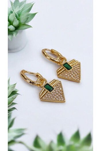 İNİTİUM Premium Seri Paslanmaz Çelik Yeşil Taşlı Gold Küpe