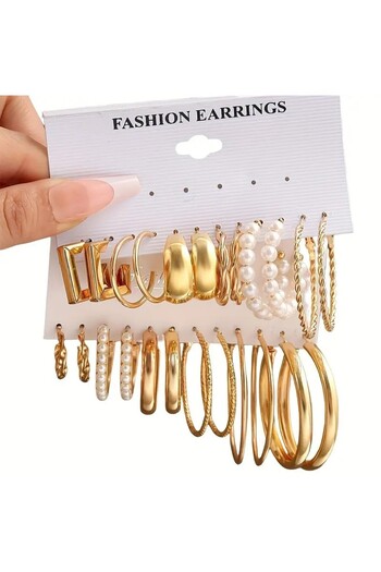 Perry Accesories 12 Adet Çift Küpe Çoklu Incili Klipsli Halka Küpe Çoklu Kombin Küpe Seti Kadın Küpe