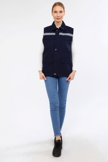 Çamdalı İş Elbiseleri 16/12 Navy Blue Gabardine Multi-Pocket Reflective Worker Vest Navy Blue Vest 4 Pockets Zippered