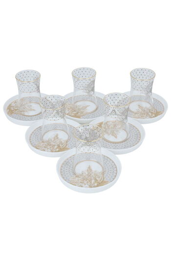 Alsaif Gallery Saif Gallery Glass Tea Cup Set with Saucer, Golden Rose Pattern, 12 Pieces - Clear
