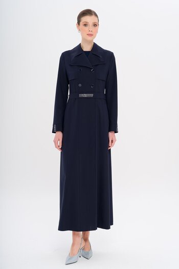 Olcay Handkerchief Collar Stone and Bead Detailed Lined Overcoat Dark Blue 6753