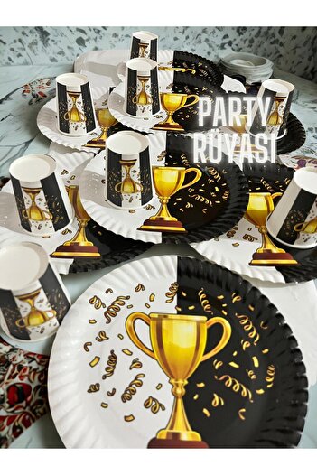 partyrüyası Siyah Beyaz Kupa Temalı Kağıt Tabak Ve Bardak Parti Seti 8 Kişilik
