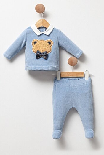 Cassiope Curly Bear Themed 2-Piece Set for Baby Boy - Soft Touch Bow and Booties Bottom-Top Set
