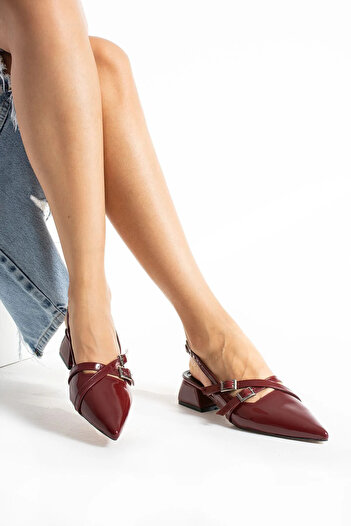 Cochines Women's Burgundy Patent Leather Double Strap Buckle Detailed Short Classic Heeled Shoes