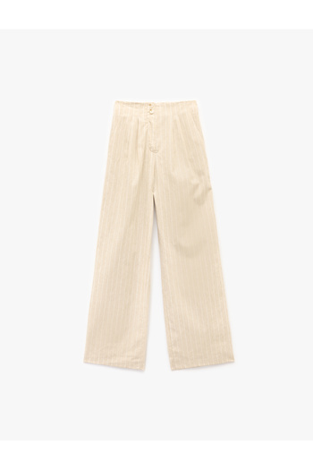 Koton Pleated Plain Wide Leg Linen Trousers with Pockets