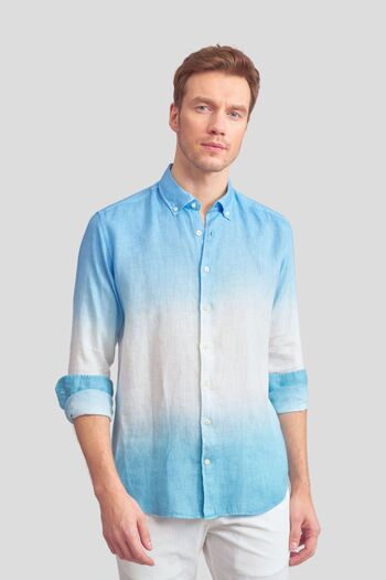 Paşahan Mavi Yeşil Batik Keten Slim Fit Gömlek