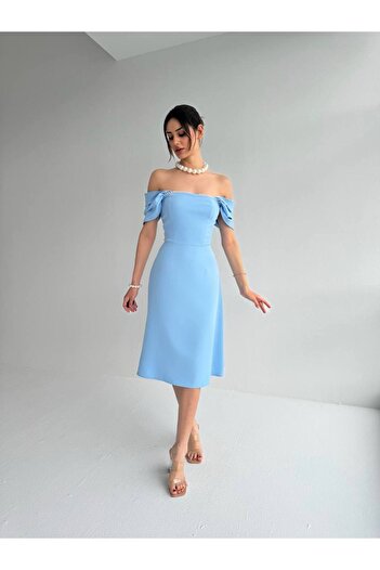 MODA DURAĞI Rochie de seară Midi Baby Blue cu detaliu de perle în linie Rochie de absolvire