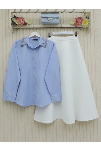 Modamorfo Buttoned Casual Shirt with Stone Detail on the Collar - Baby Blue
