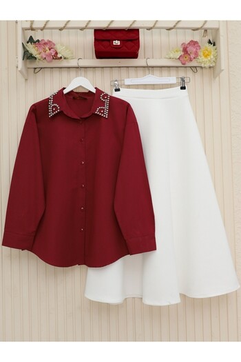 Modamorfo Buttoned Casual Shirt with Stone Detail on the Collar - Burgundy