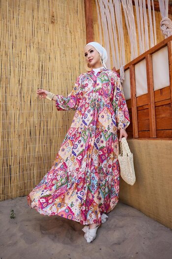 LOCCO Fuchsia Colored Mixed Patterned Dress