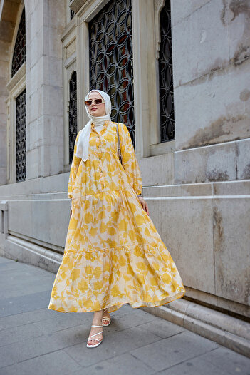 LOCCO Women's Floral Patterned Viscose Dress Yellow