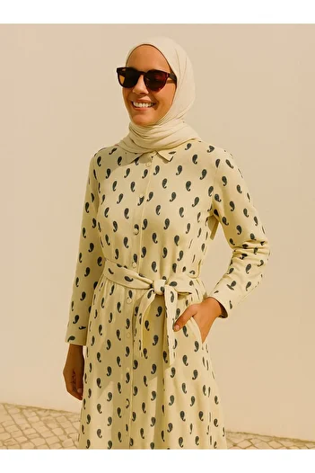 Refka Full Buttoned Viscose Hijab Dress - Black - White - Refka
