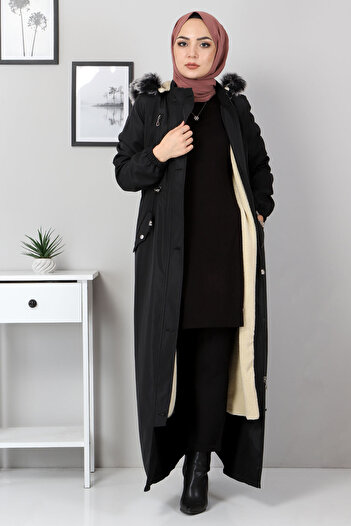 Tesettür Dünyası Waist Lace-Up Cap Coat Tsd1936 Black