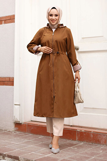 Tesettür Dünyası Tan Colored Zippered Striped Trench Coat - Tsd 240923
