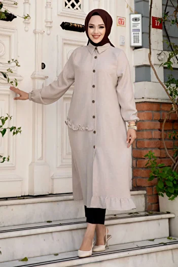 Tesettür Dünyası Buttoned Linen Tunic with Ruffle Side Detail Tsd240506 Stone Color