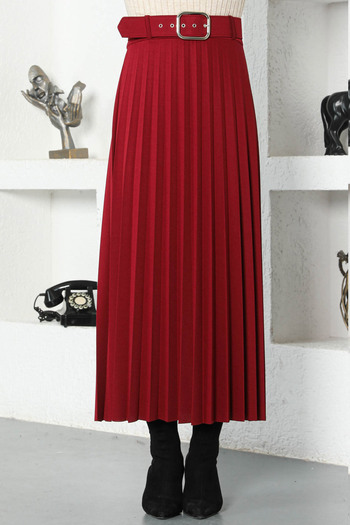 Tesettür Dünyası Belted Pleated Skirt Tsd220915 Claret Red