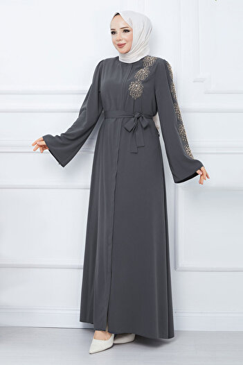 Tesettür Dünyası Handle Bead Embroidered Belted Hijab Ferace TSD240203 Anthracite