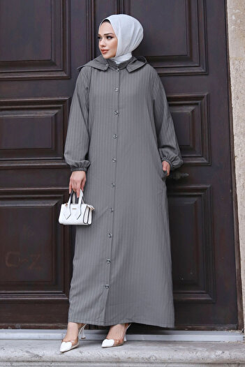 Tesettür Dünyası Plus Size Removable Hooded Buttoned Ferace TSD240219 Gray