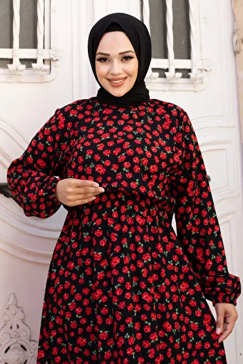 Tesettür Dünyası Elastic Waist Small Rose Patterned Viscose Long Hijab Dress Tsd240611 Red
