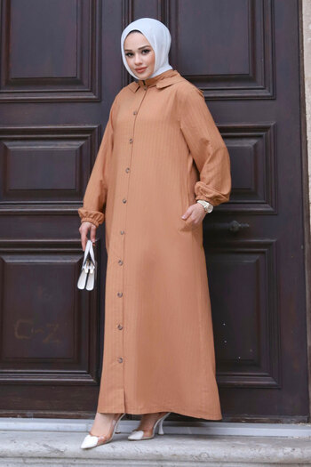 Tesettür Dünyası Plus Size Removable Hooded Buttoned Ferace TSD240219 Tan