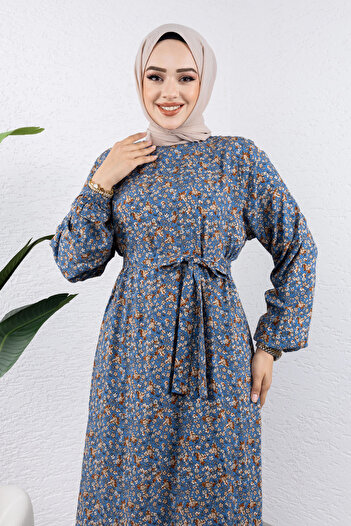 Tesettür Dünyası Πολύχρωμο Floral Viscose Μακρύ Μαντίλι Φόρεμα TSD240920 Μπλε