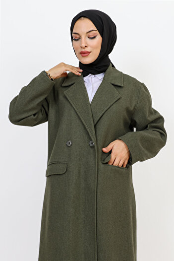 Tesettür Dünyası Double Buttoned Coat with Cover Pockets TSD231109 Khaki