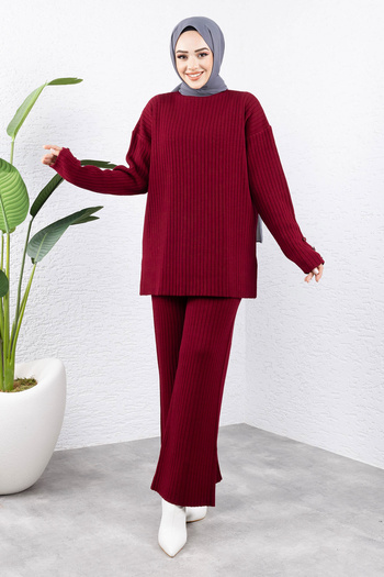 Tesettür Dünyası Burgundy Knitwear Set - Button Detail Sleeve, Tsd 240947