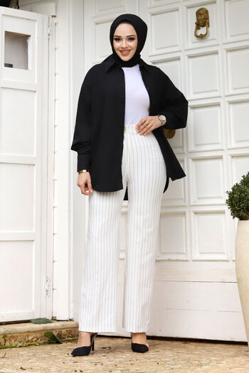Tesettür Dünyası Wide Leg Striped Trousers TSD240115 White