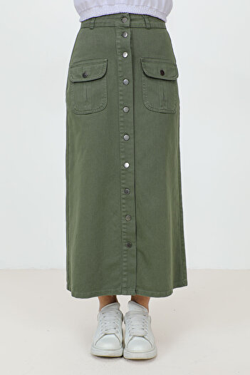 Tesettür Dünyası Buttoned Long Denim Skirt with Pockets TSD231202 Khaki
