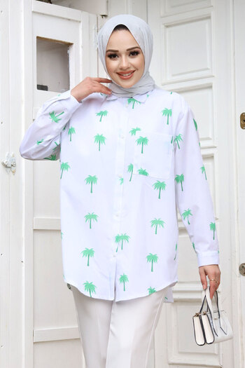 Tesettür Dünyası Palm Tree Patterned Tunic TSD240119 Green