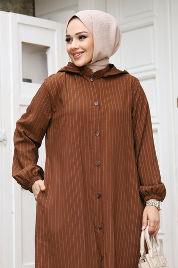 Tesettür Dünyası Plus Size Removable Hooded Buttoned Ferace TSD240219 Brown