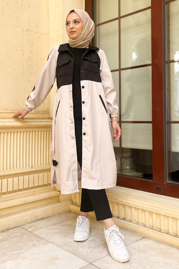Tesettür Dünyası Διπλό Χρώμα Trench Coat Tsd0919 Ecru