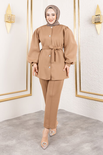 Tesettür Dünyası Front Buttoned Scuba Suit Camel Tsd 250133