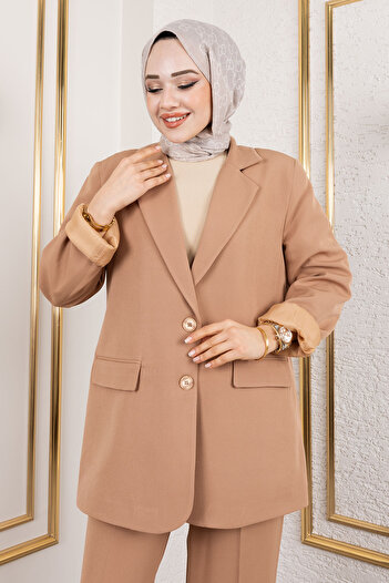 Tesettür Dünyası Camel Double Breasted Neckline Blazer Suit - Tsd 250118