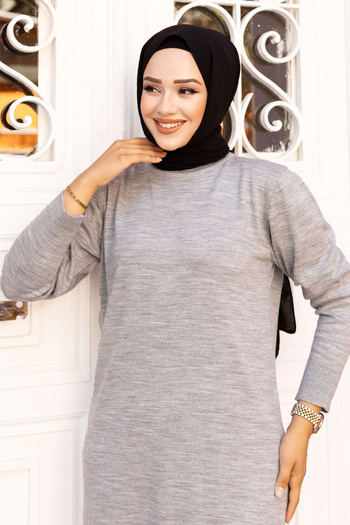 Tesettür Dünyası Crew Neck Knitwear Long Dress Tsd240720 Gray