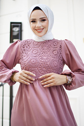 Tesettür Dünyası Front Lace Detailed Hijab Long Hijab Dress Tsd240519 Dusty Rose