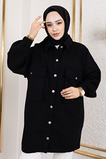 Tesettür Dünyası Black Oversize Denim Jacket - Tsd with Bellows and Pockets 250103