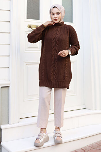 Tesettür Dünyası Hair Knit Patterned Judge Collar Knitwear Tunic - TSD 240801 Brown
