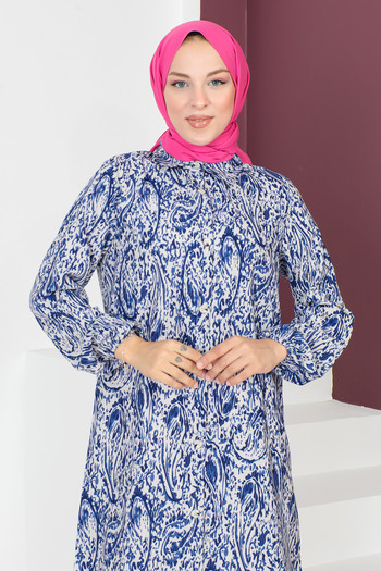 Tesettür Dünyası Patterned Long Tunic TSD230706 Blue