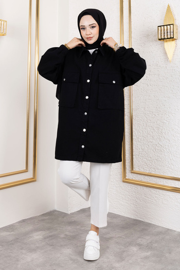 Tesettür Dünyası Black Oversize Denim Jacket - Tsd with Bellows and Pockets 250103