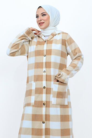 Tesettür Dünyası Plaid Patterned Fleece Coat with Pockets TSD231101 Beige
