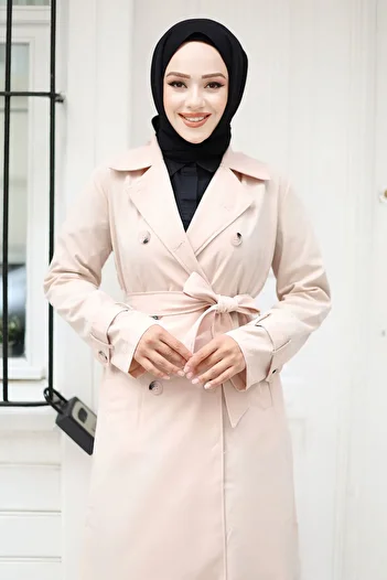 Tesettür Dünyası Beige Trench Coat with Buttons and Epaulet Detail, Tsd 240901